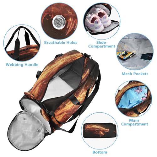 YETTASBIN Sport Travel Duffel Bag for Girls Boys, Fire Dragon Large Waterproof Weekender Overnight Bag, Detachable Shoulder Strap Gym Bag with Shoe Compartment & Wet Pocket4