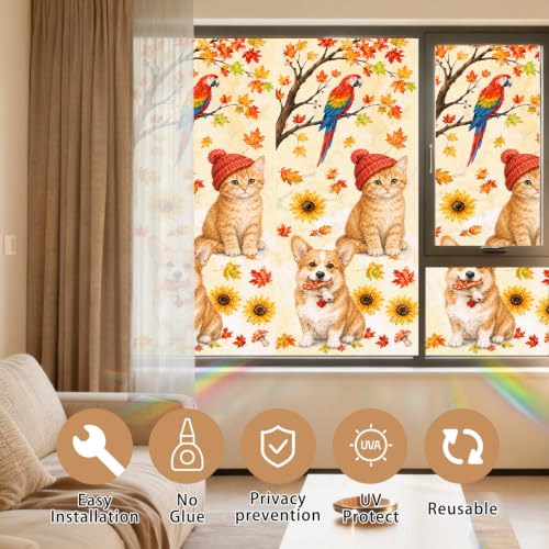 Image of Nuxovilar Fall Window Cling 17.7 x 39.4 in, White Frosted Corgi Cat | White frosted PVC helps obscure views for added privacy, with a corgi, kitten, parrot, sunflowers and colorful autumn leaves.