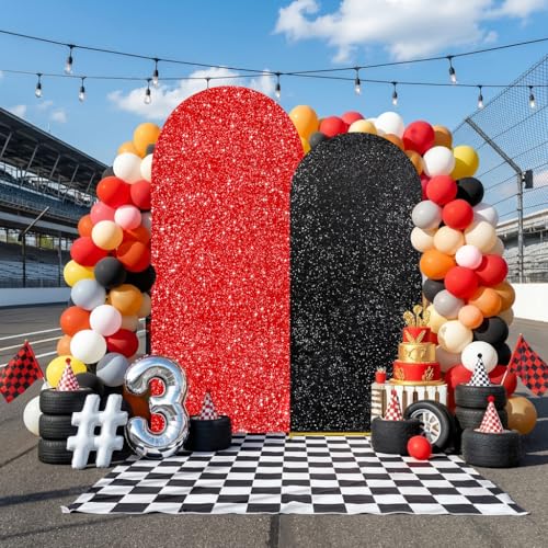 Image of Red Black Sequin Arch Backdrop Cover Set of 2 (7.2ft+6ft) Round Top Chiara Arch Background Balloon Arch Cover for Birthday Wedding Graduation Anniversary Decorations