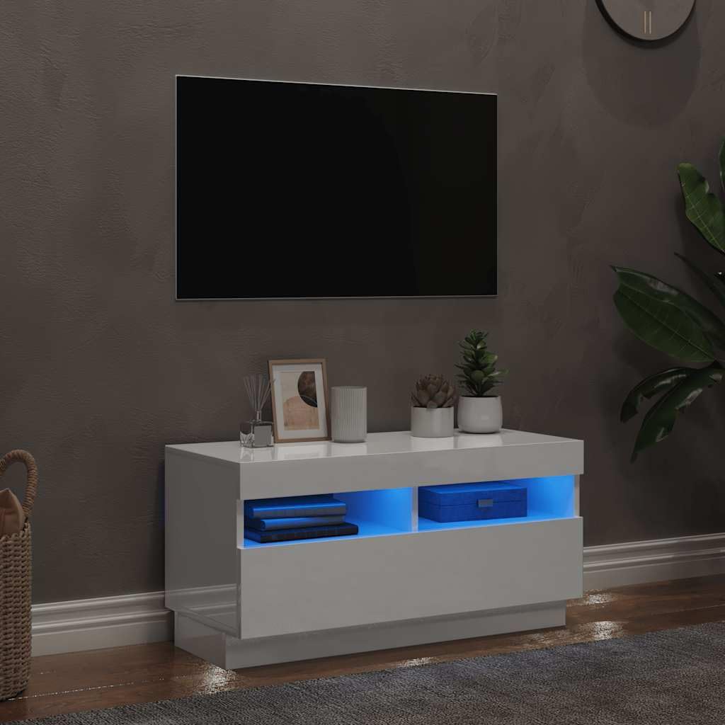vidaXL Mueble para TV con Luces LED Soporte Mobiliario Aparador Estante Salón Sala de Estar Dormitorio Decoración Blanco Brillante 80x35x40 cm