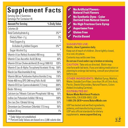 Nature Made Zero Sugar Multivitamin Women's Gummies, 90 Sugar Free Gummies | Women's Multivitamin Gummies for Bone & Immune Support, Aspartame Free, Strawberry Lemonade Flavor, 45 Day Supply - image 8