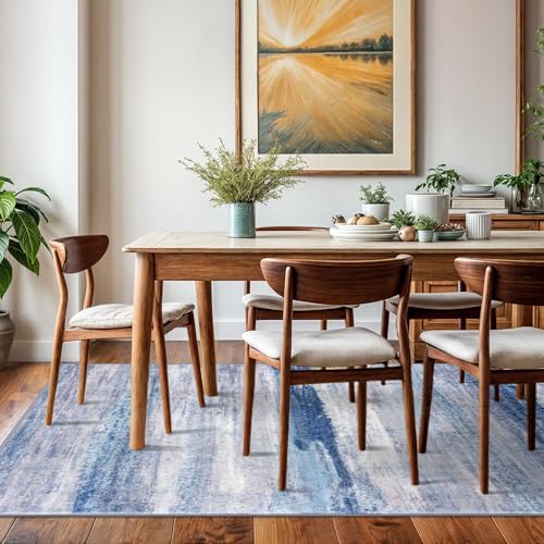 KOZYFLY Washable Area Rug 5x7 Modern Ombre Thin Rugs for Living Room Non-Slip Soft Striped Area Rug for Bedroom, Print Distressed Blue/Grey/Beige Abstract Carpet for Kid Room