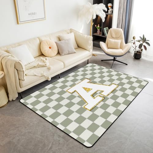 Image of Erosebridal Sage Green Checkered Area Rug 5x7 Plaid Initial A Rug for Bedroom Living Room Personalized Monogram Carpet Decor Fashion Grids Gingham Indoor Floor Mat Non Slip
