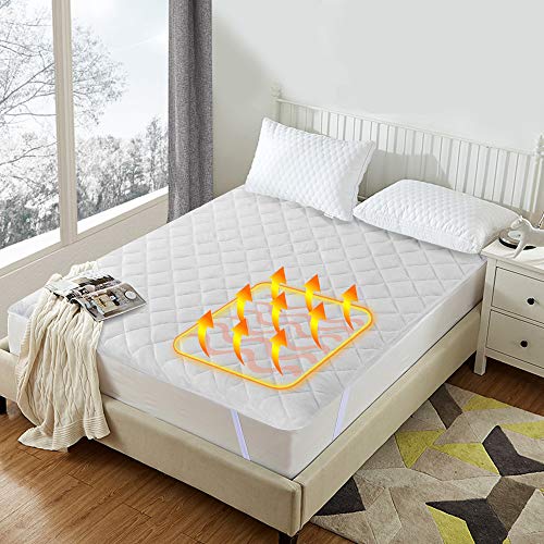 Luxear Protector Colchón Topper, 150X200cm Cubre Colchón Topper Viscoelástico Franela de Alta Densidad Anti-derrapante Anti-Ácaros Topper Calefacción para Invierno, Lavable en Lavadora, Blanco