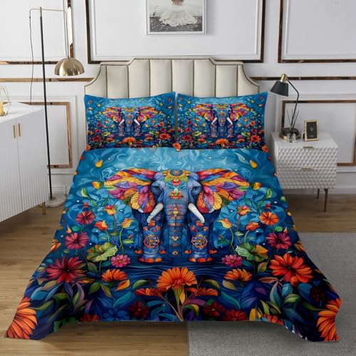 Ethnic Elephant Wildlife Animals Bedspread Queen Size Bedding for Teens Living Room Elephant Decor Coverlet Set Flowers Rustic Garden Botanical Quilt Set for All Season,3 Pcs with 2 Pillowcases