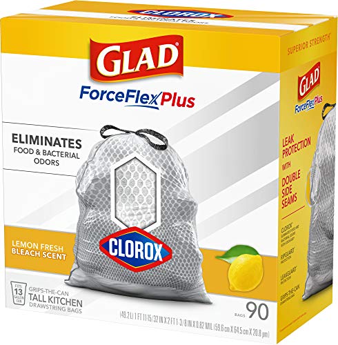 Glad Tall Kitchen Trash Bags ForceFlex Plus with Clorox, 13 Gallon, Lemon Fresh Bleach Scent 90 Count (Package May Vary)