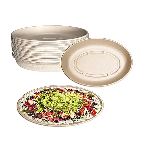 32oz Oval Disposable Compostable Paper Burrito Bowls Heavy-Duty, Eco-Friendly Oval Bowls Natural Bagasse Unbleached, Heat Resistant, 100% Biodegradable Salad Bowls Alternative to Plastic (25)