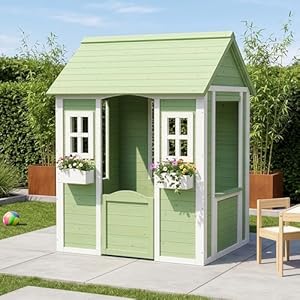 [en.casa] Spielhaus Kinder Outdoor Kuoldsvin Gartenhaus für Kinder ab 3 Jahre Kinderspielhaus aus Holz mit Tür und Fenstern 144 x 107 x 90 cm Grün/Weiß