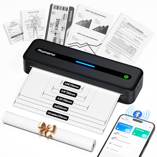 Phomemo Portable Printers Wireless for Travel, Inkless Portable Thermal Printer for Phone Laptop, Support 8.5'' x 11'' US Letter and A4 Szie, Bluetooth Mobile Printers for Vehicle Office Home Use