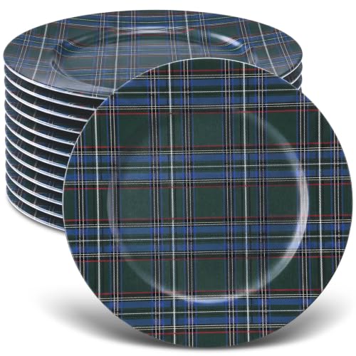 Yungyan 12 Pcs 13 Inch Green Christmas Tartan Plaid Charger Plates Bulk