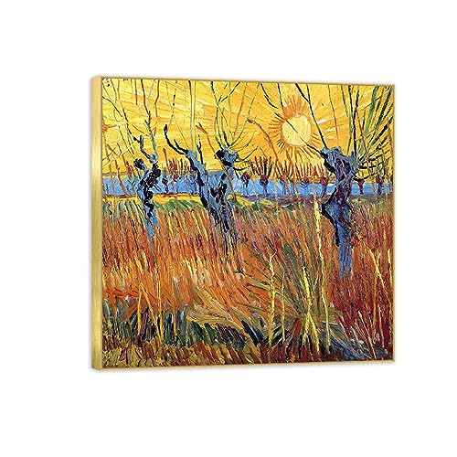 CSGWLAT Stampe su Tela,Salice con sole al tramonto,Riproduzione Quadri Famosi,Incorniciato Quadro Moderno Soggiorno,Immagine Stampa su Tela 30x30cm-12x12in Cornice Dorata