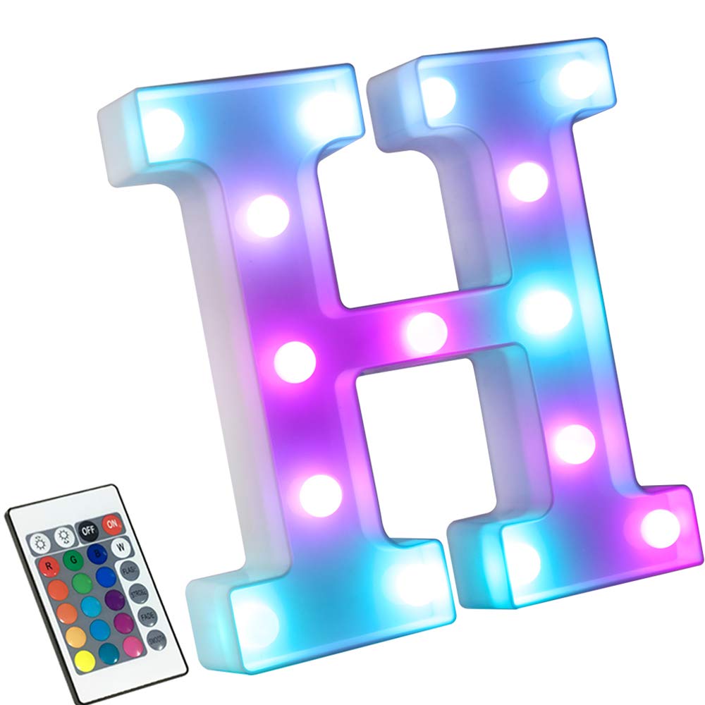 GlinteeMarquee Light Up Letter Lights, Colorful with Remote Control 16 Color Change LED Letter Lights Sign for Party/Wedding/Home/Bar/Christmas Decoration(RGB Letter H)