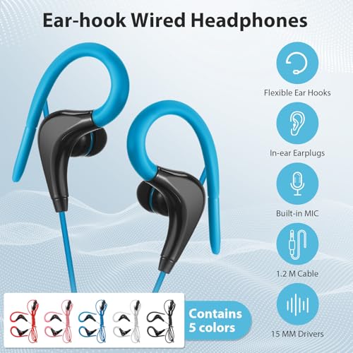 Image of Konohan 30 Pcs Over The Ear Earbuds Wired Sport Running Earphones Bulk 3.5 MM Plug Jack Wired Earbuds with Microphone Sweatproof Wrap Around Headphones with Over Ear Hook, 5 Colors