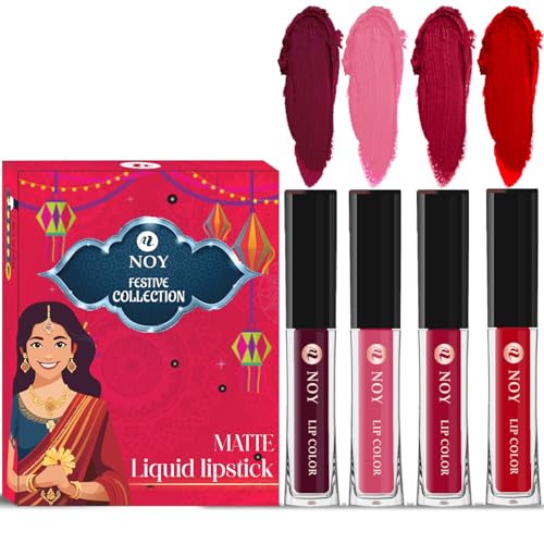 Image of Noy Lipsticks For Women Waterproof Festival Collection Pack of 4 Shades Wine, Peach, Cherry Pink, Red Shades