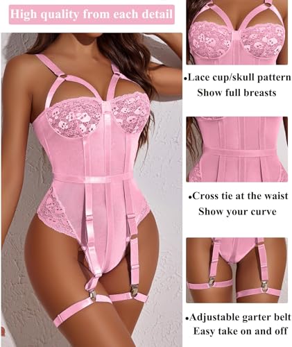 Image of SSoShHub Women Lingerie Set Lace Teddy Strap Babydoll Bodysuit Bikini with Garter Belt One Piece Lingerie Strappy Lingerie