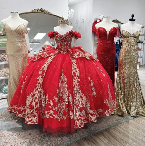 Gold Appliques Quinceanera Dresses with Train Off Shoulder Puffy Ball Gown Gorgeous XV Dress SE0393