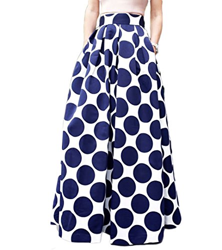 PERSUN Women's Casual High Waist A-Line Polka Dots Print Long Maxi Skirt Blue