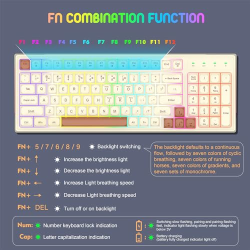 KOLMAX BK98 Wireless Gaming Keyboard, Dual Mode 2.4G/Bluetooth Gaming Keyboard,RGB Backlit Ergonomic 98 Keys PBT Mechanical Feeling Wireless Keyboard for Office Windows Mac PC Gamer(Retro Brown) - Image 6