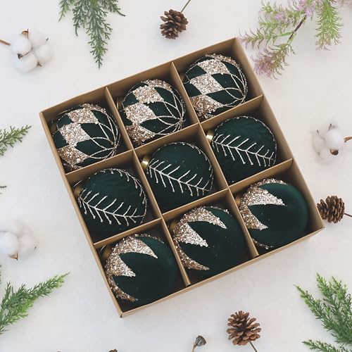 Image of 4IN Velvet Ornaments for Christmas Tree, 9PCS Large Flocked Ornaments Balls | deep green velvet christmas ornaments set,hanging neutral felt flocked balls bulk plastic shatterproof for tree decorations