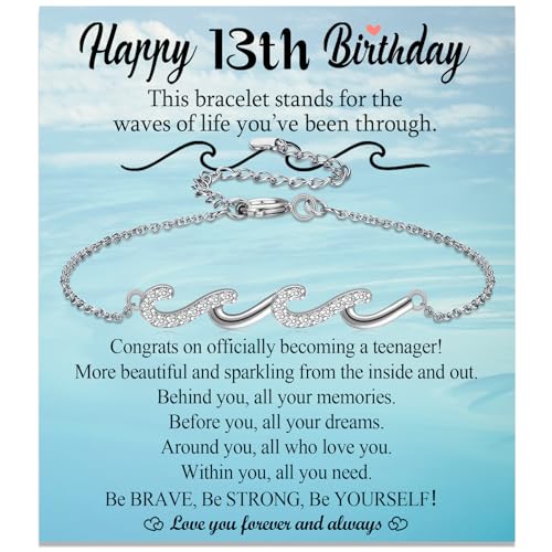 EPIRORA 13th Birthday Gifts for Girls, 18K White Gold Plated Silver Wave Bracelets, 13 Year Old...