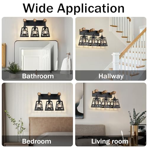 Image of Rustic Bathroom Light Fixtures, 3-Light Farmhouse Vanity Lamp with Bear Design and Wooden Frame, Wall Lighting for Bathroom, Hallway, Kitchen, Porch