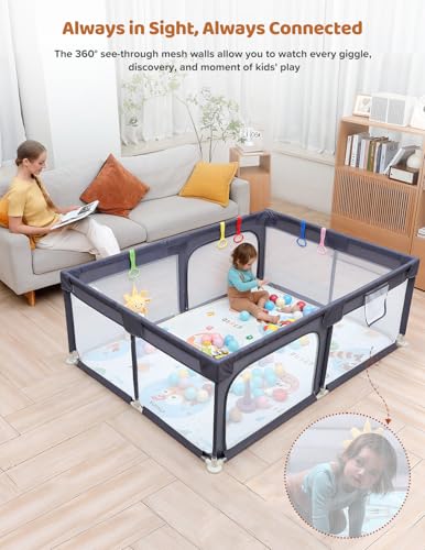 Image of Dripex Baby Playpen with Mat, 71 inchx47 inch Large Play Pen for Babies, Dark Grey | Included Waterproof Mat /Portable Bag / Pull up Rings, Breathable Visible Mesh, Easy Setup, Indoor /Outdoor Use