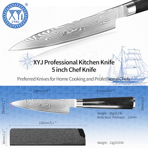 Image of XYJ 5 Inch Damascus Steel Utility Knife, Compact Damascus Steel Chopping Knife for Kitchen Use, Presicion Peeling for Friut Vegtable, Meat Cuttting