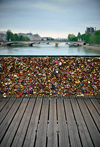 Baocicco 8x10ft Bridge of Seine River GQX Love Lock Photography Backdrop Background Paris France Cityscape Landscape Wood Floor Bridge Love Couple