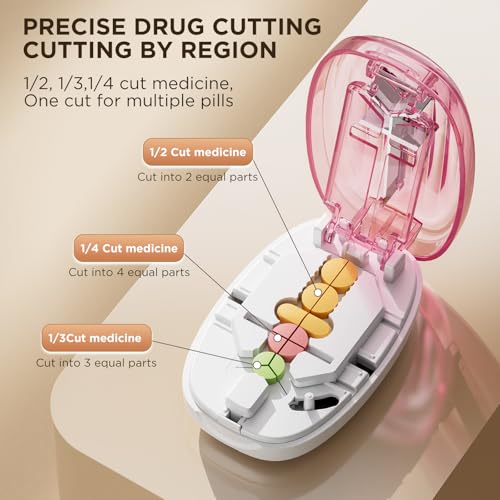 Image of Pill Cutter Splitter for Small and Tiny Pills, 1 /2 1 /4 Pill Splitter for Small Pills,Tablets in Half or Quarters, Accurate and Easy Cutting, Stainless Steel Blade, Back Storage (Pink)