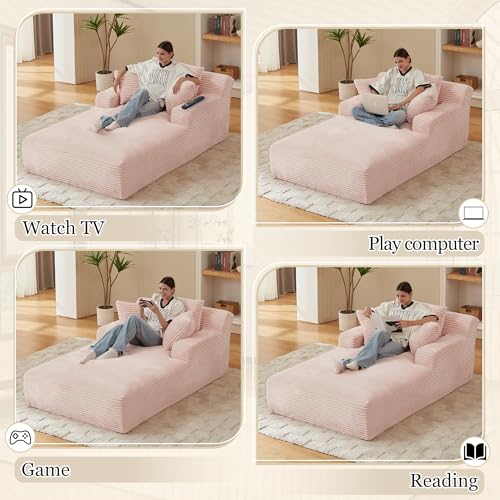 Image of Chaise Lounge Chair Indoor, 50 Inch Oversized Corduroy Upholstered Boneless Sofa Bed, Deep Seat Sleeper Couch Reading Chairs, Cloud Sofas Couches for Living Room (Pink, 50 inch W x 80 inch D)