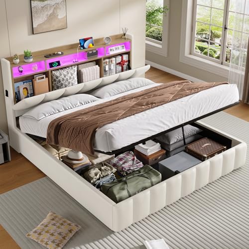 KIMENICH Lit Coffre 160 x 200 à LED, Lit Hydraulique avec Étagères Ouvertes et Rangement Caché...