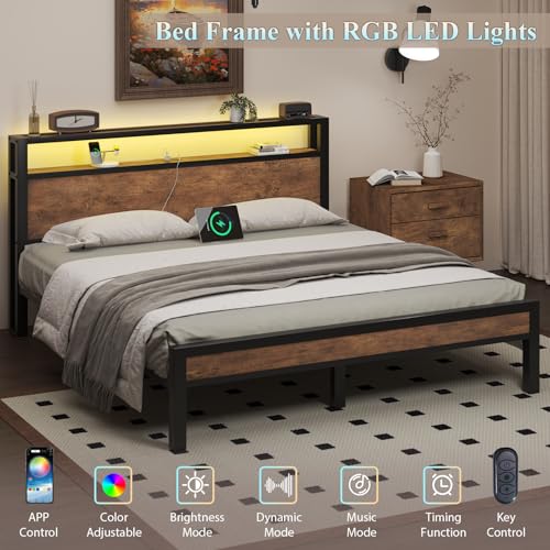 Image of LOEWAY Queen Size Bed Frame with Storage Headboard, Industrial Platform Bed with Charging Station and LED Lights, Heavy Duty Metal Slats, No Box Spring Need, Noise Free, Rustic Brown
