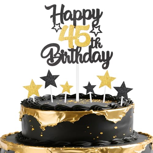 mciskin Black Gold 45th Birthday Decorations for Men,Black and Gold Party Decorations,Personalised Cake/Cupcake Toppers,Glitter Happy 45th Birthday Cake Toppers for Women Men Party Favor Supplies