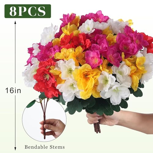 Image of 8 Bundles Artificial Flowers for Front Door, Fake Silk Azalea Bouquet Silk Flowers for Outside UV Resistant Realistic Faux Plants for Planter Farmhouse Patio Garden Walkways Home Decor (Mixed Color)
