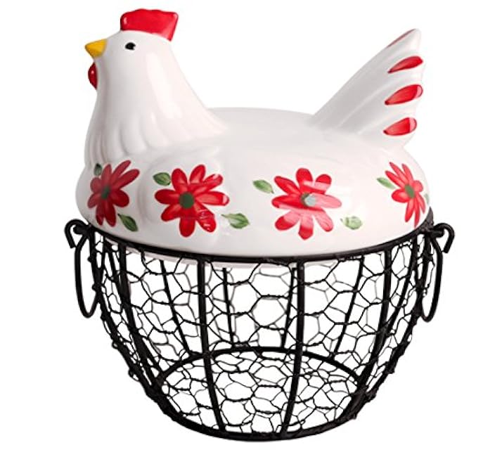 Kitchen Storage Metal Wire Egg Basket with Ceramic Farm Chicken Cover Fresh Egg Holder/Organizer Case/Container