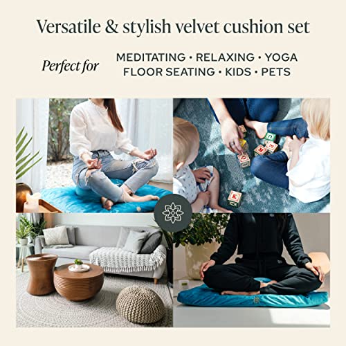Image of Mindful Modern Meditation Cushion & Mat Bundle - Luxury Velvet Zafu Floor Pillow & Rectangular Mat - Turquoise