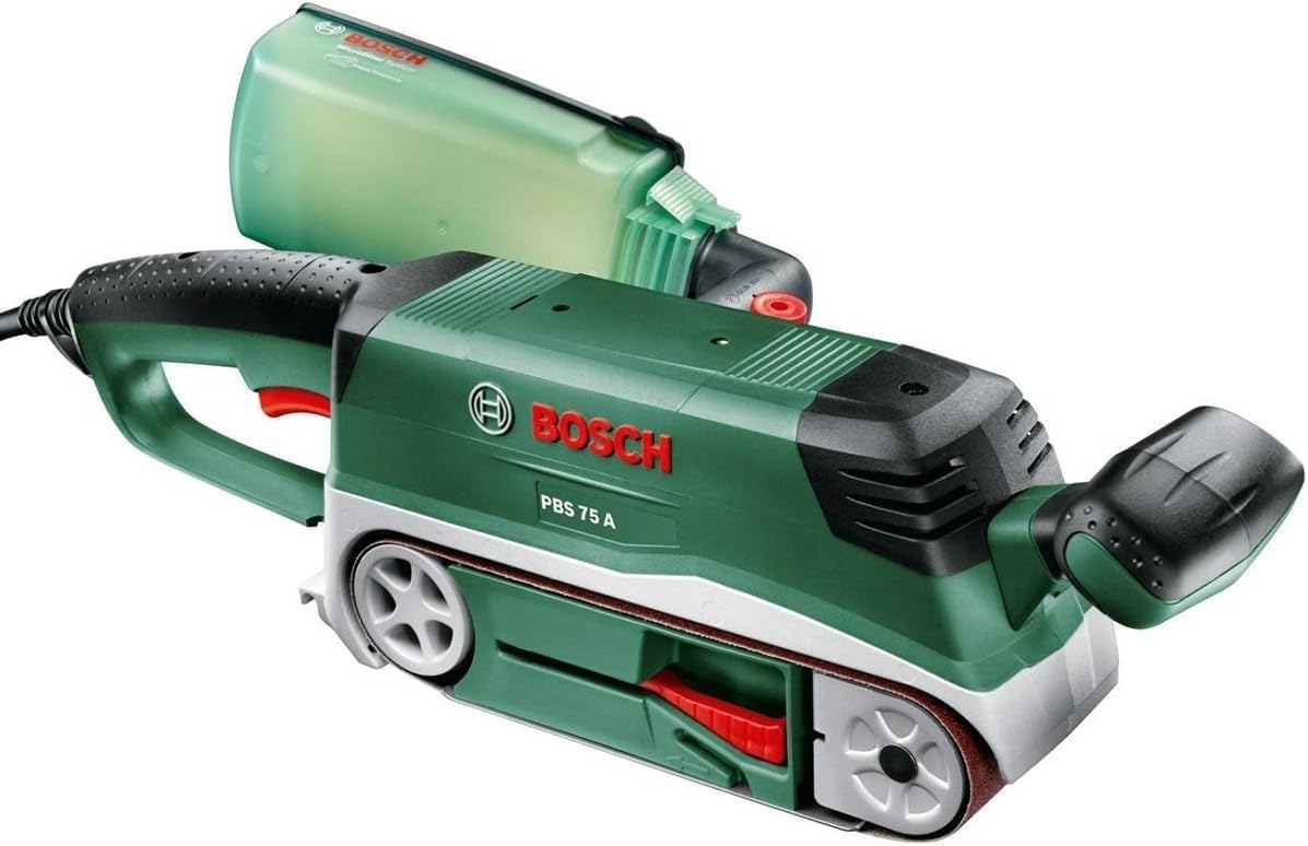 Bosch PBS 75 A - Lijadora de Banda (710 W, 1 banda lijadora K 80) + Paquete de 9 lijas para lijadoras de banda (75 x 533 mm, grano 60, 80, 100)