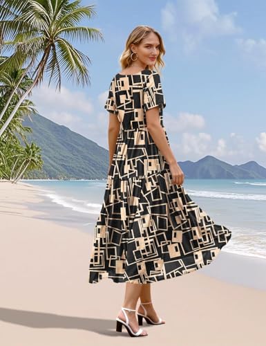 Image of YESNO Women's Summer Maxi Dresses Casual Floral Short Sleeve V Neck Boho Beach Vacation Swing Dress with Pockets EVF