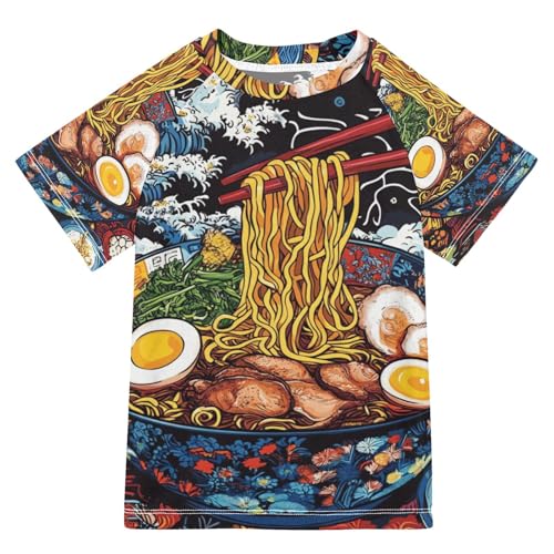Boys Swing Shirts Noodle Ramen Wave Egg Rashguard Short Sleeve Kids T-Shirts Sun UPF 50+