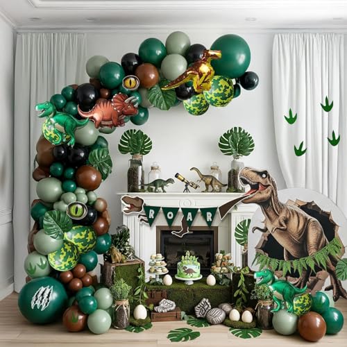 Image of Dinosaur Birthday Party Decorations hunter Green black brown balloon arch kit with mini dino Foil balloons ROAR Banner Dinosaur eye stickers for jungle adventure Boy Scouts three rex Jurassic Supplies