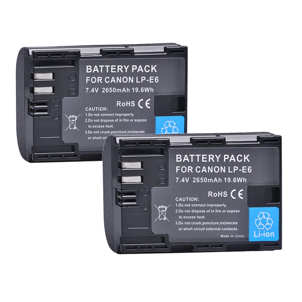 DuraPro Lot de 2 batteries LP-E6 + Chargeur USB intégré avec LED et port Type C pour Canon LP-E6, LP-E6N et Canon EOS 5D Mark II/III, 5DS, 5DS R, 6D, 7D, 70D, 80D, XC10, appareils photo Blackmagic 4K