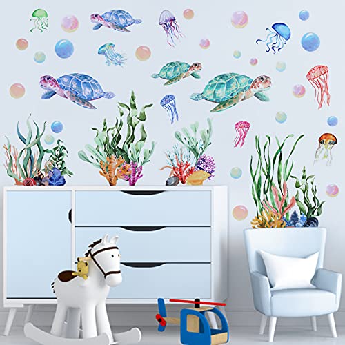 Image of Kalolary Under The Sea Wall Decals Sea Turtle Seaweed Wall Stickers | 3D Under The Sea Coral Reef Ocean Grass Bubbles Wall Decoration for Wall Corner Nursery Room Children Bedroom Bathroom