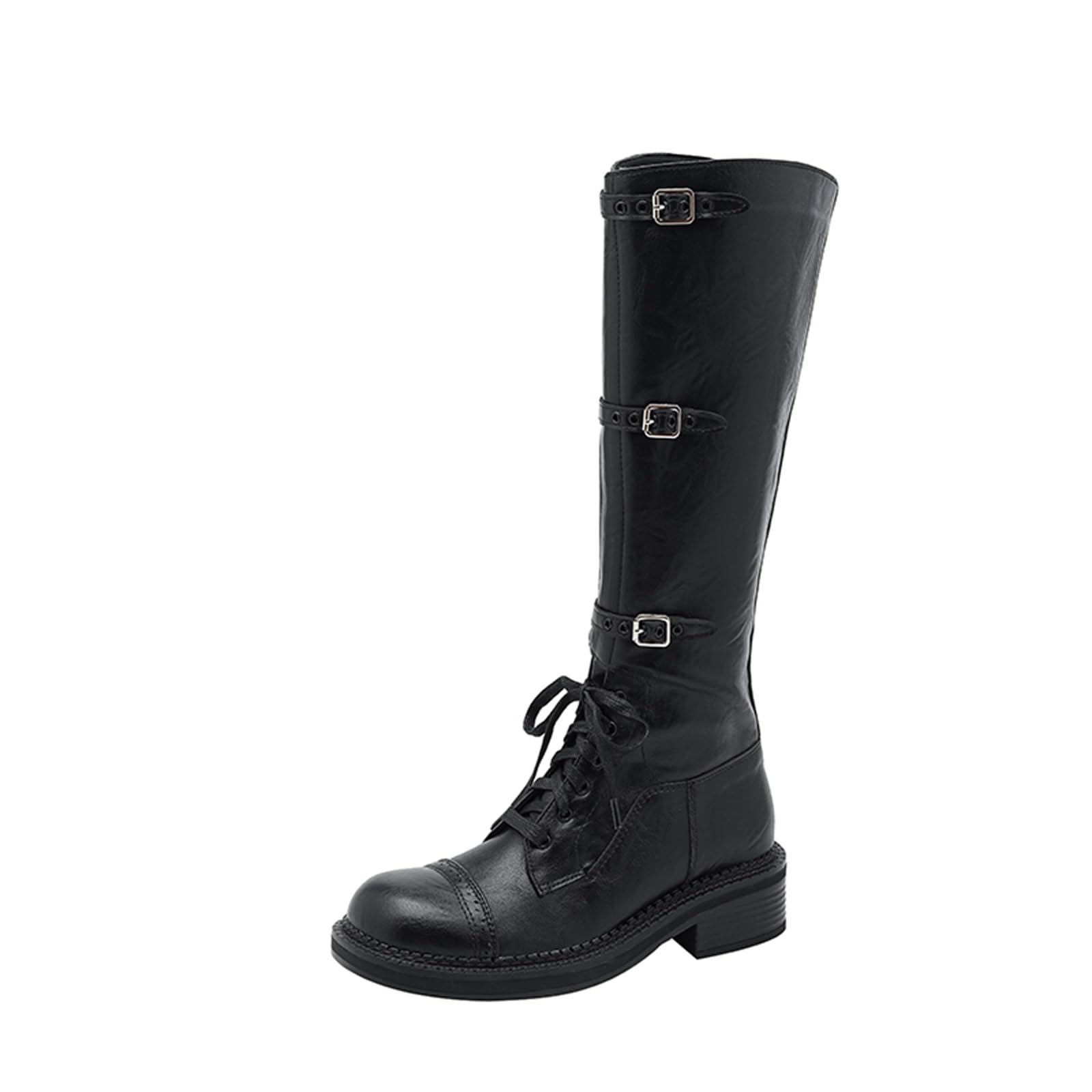 Womens Round-Toe Chunky Low-Heeled Lace-Up Knee-High Boots With A Retro And Stylish Buckle Elastic Waistband Suitable For Horseback