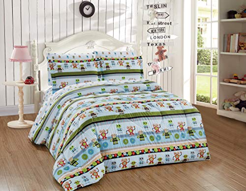 Better Home Style Multicolor Blue Green Robots Printed Fun Design 7 Piece Comforter Bedding Set for Boys/Kids/Teens Bed in a Bag with Sheet Set # Robots (Full)
