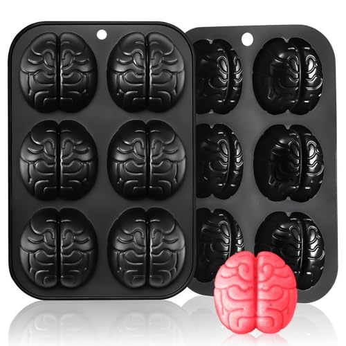 Image of HKNMTT Halloween Brain Silicone Molds 2 Pack 6 Cavity, Spooky Brain Shape Baking Tray for Chocolate Candy Wax Melts Tarts Cupcake Pizza Cake Oven Safe Food Grade Moulds for Kids Party DIY Fun