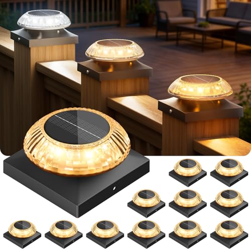 VOLISUN Solar Post Cap Lights 12pack, Black Solar Fence - Post Lamps Outdoor Waterproof, with Warm/Natural/Cool Light,for 4x4 Wooden/Vinyl
