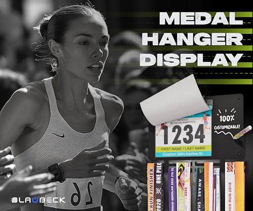 Image of BLAUBECK Medal Hanger Display for Runners, Marathon Medal Holder Display Wall Hanger and Race Bib Boards Holder with Chalkboard Marker - Holds up to 50 Medals, 40 Race Bibs