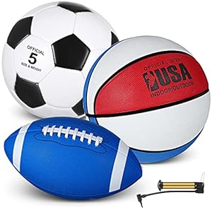Sratte 3 Pcs Sports Balls Sport Set Operation Christmas Including Official Size Soccer Basketball Football with Pump for Kids Adults Sports Gift(Blue, White, Red)