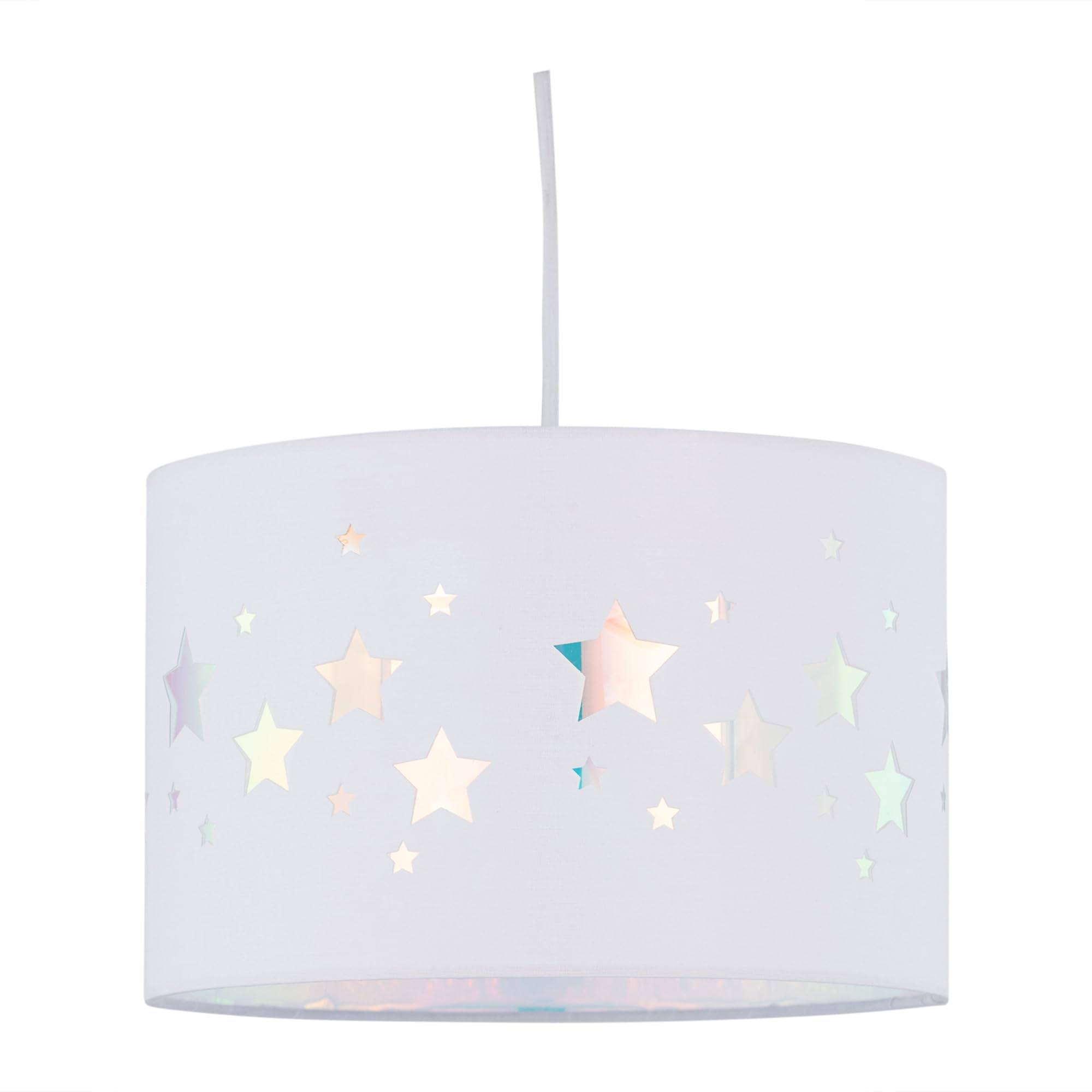 Firstchoicelighting White With Cut Out Stars Easy Fit Ceiling Light Shade, Fabric Iridised Inner, Bedroom Nursery Pendant Lightshade, Diameter 25Cm