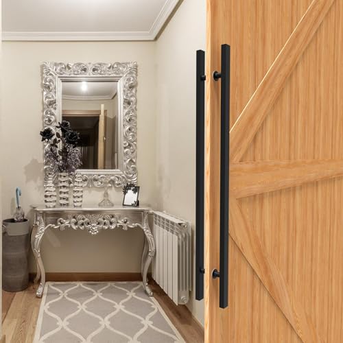 Image of 48 inch Matte Black Square Barn Door Pull Handle Double Sided | Heavy Duty 304 Stainless Steel, 35-7 /16 inch Hole Spacing, Fits 3 /4 inch-2 inch Thick Barn, Front Entry, Sliding & Exterior Doors